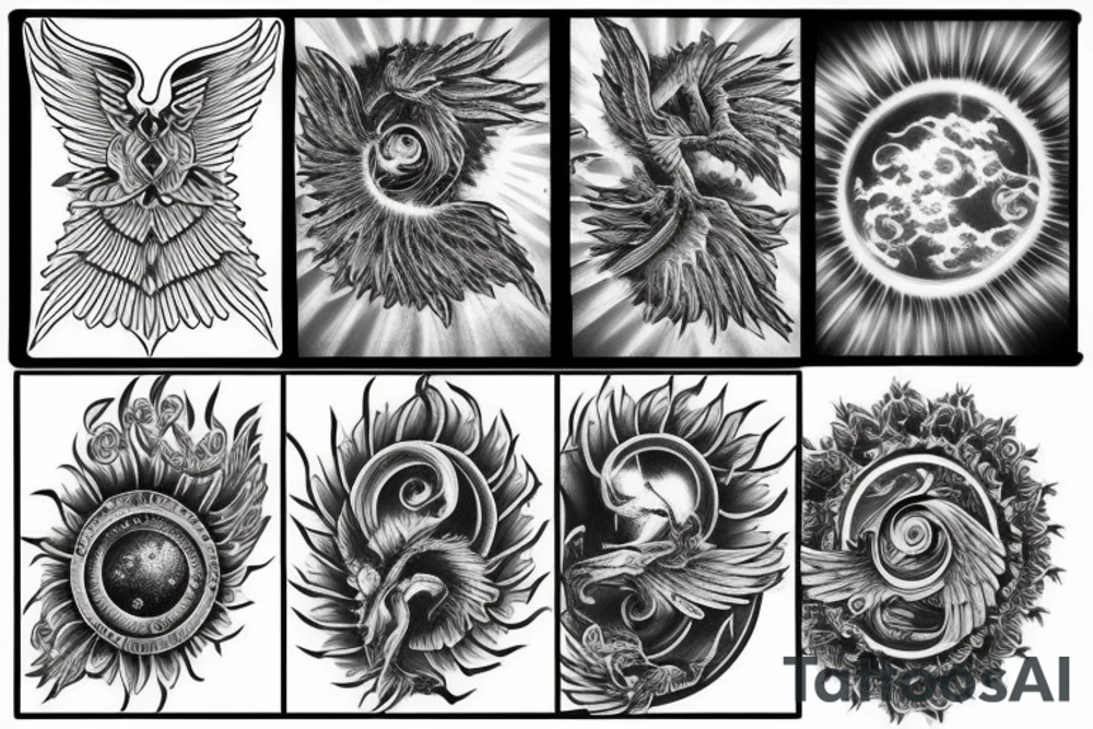 Sun spiraling with wings tattoo idea