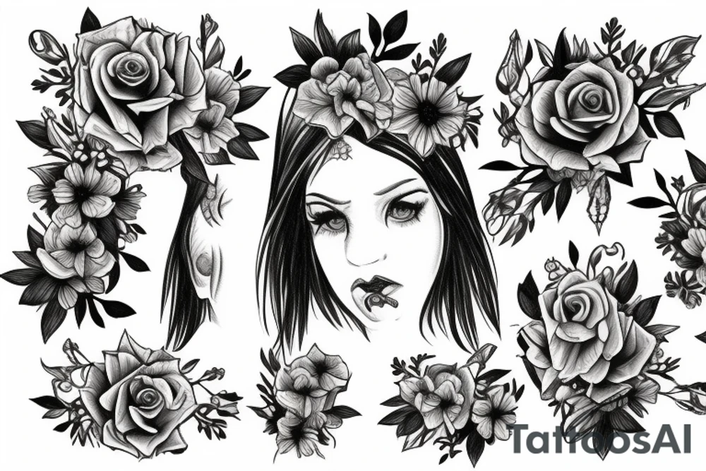realistic woman with horns and flowers below her tattoo idea