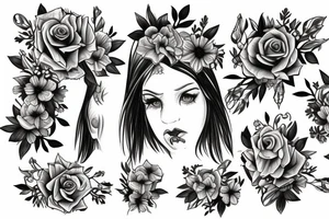 realistic woman with horns and flowers below her tattoo idea