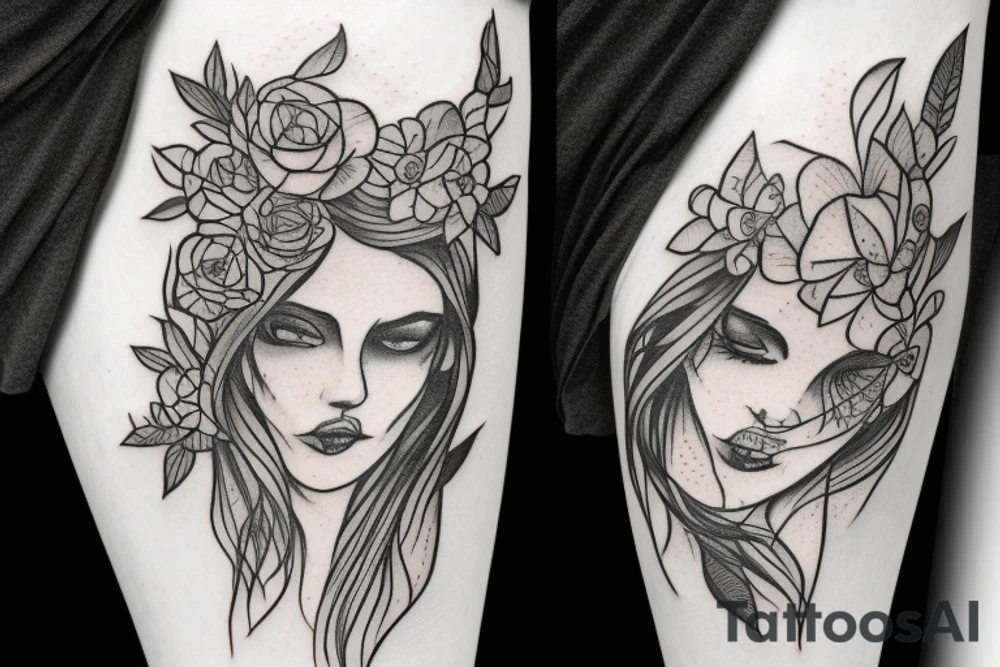 realistic woman with horns and flowers below her tattoo idea