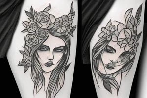 realistic woman with horns and flowers below her tattoo idea