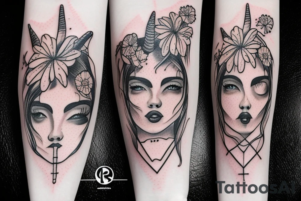 realistic woman with horns and flowers below her tattoo idea
