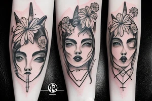 realistic woman with horns and flowers below her tattoo idea