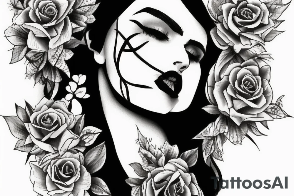 realistic woman with horns and flowers below her tattoo idea