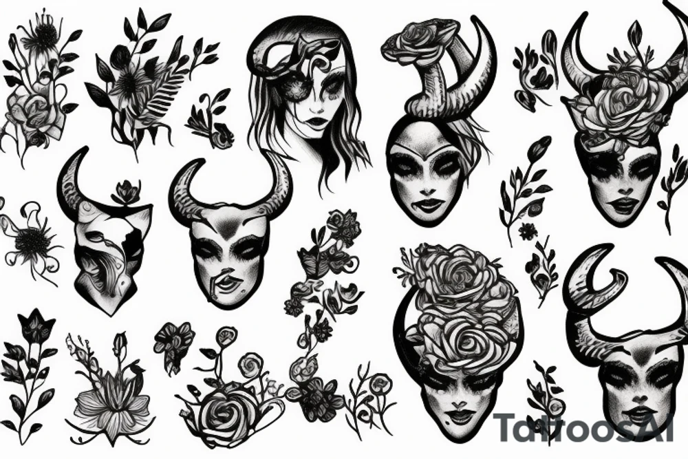 woman with horns and flowers below her tattoo idea