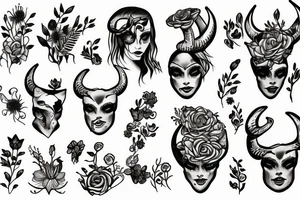 woman with horns and flowers below her tattoo idea