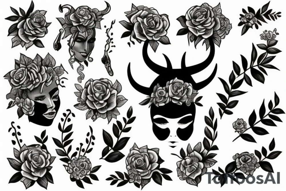 woman with horns and flowers below her tattoo idea