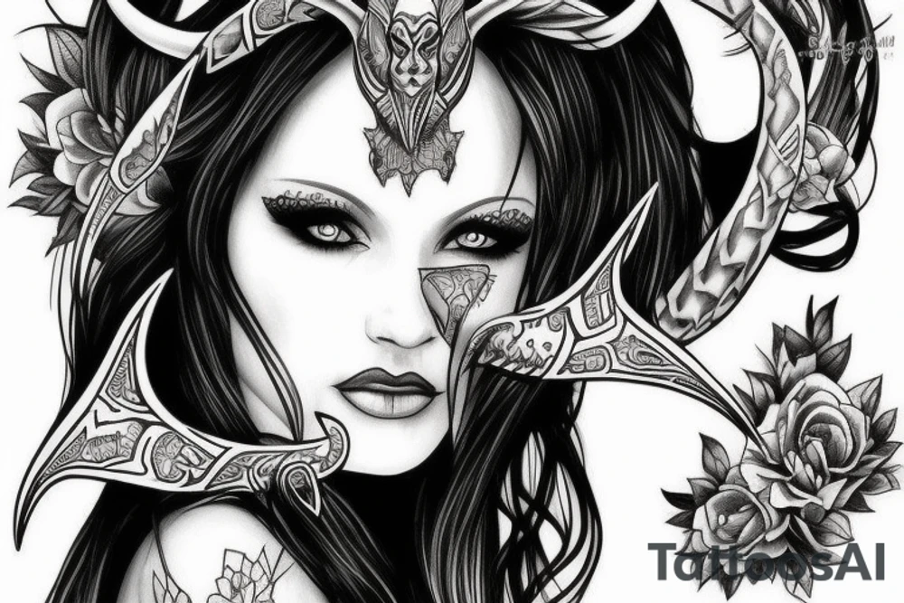 beautiful woman with horns tattoo idea