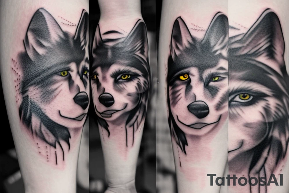 woman with white eyes and a wolf hat tattoo idea