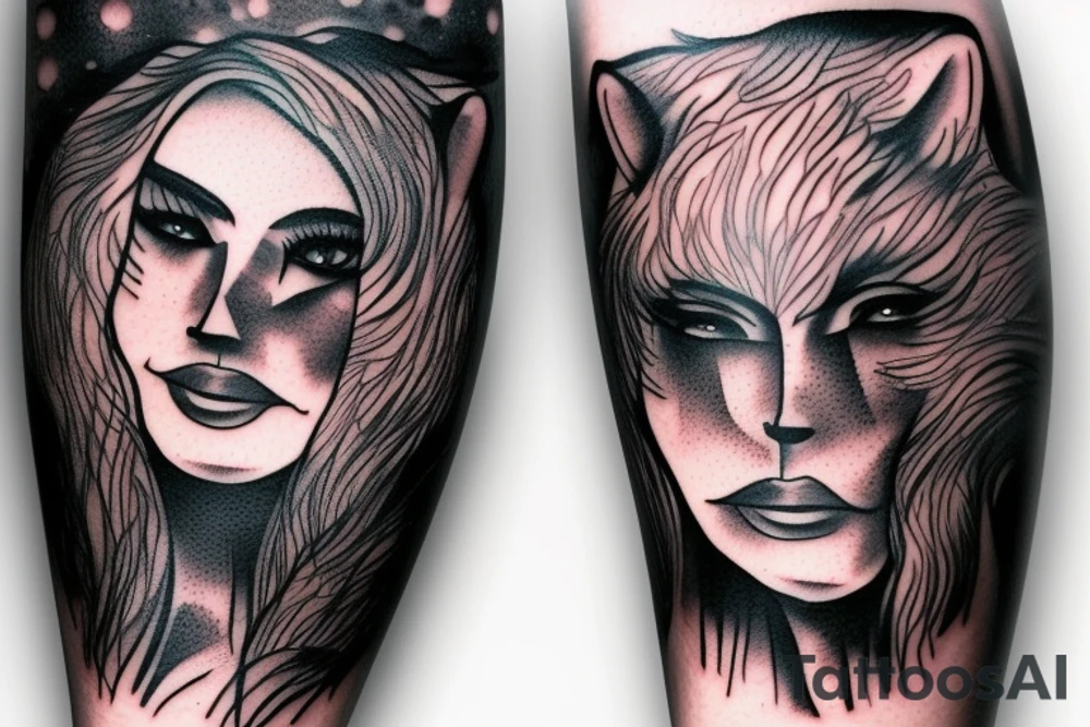 woman with white eyes and a wolf hat tattoo idea
