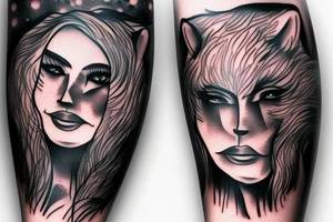 woman with white eyes and a wolf hat tattoo idea