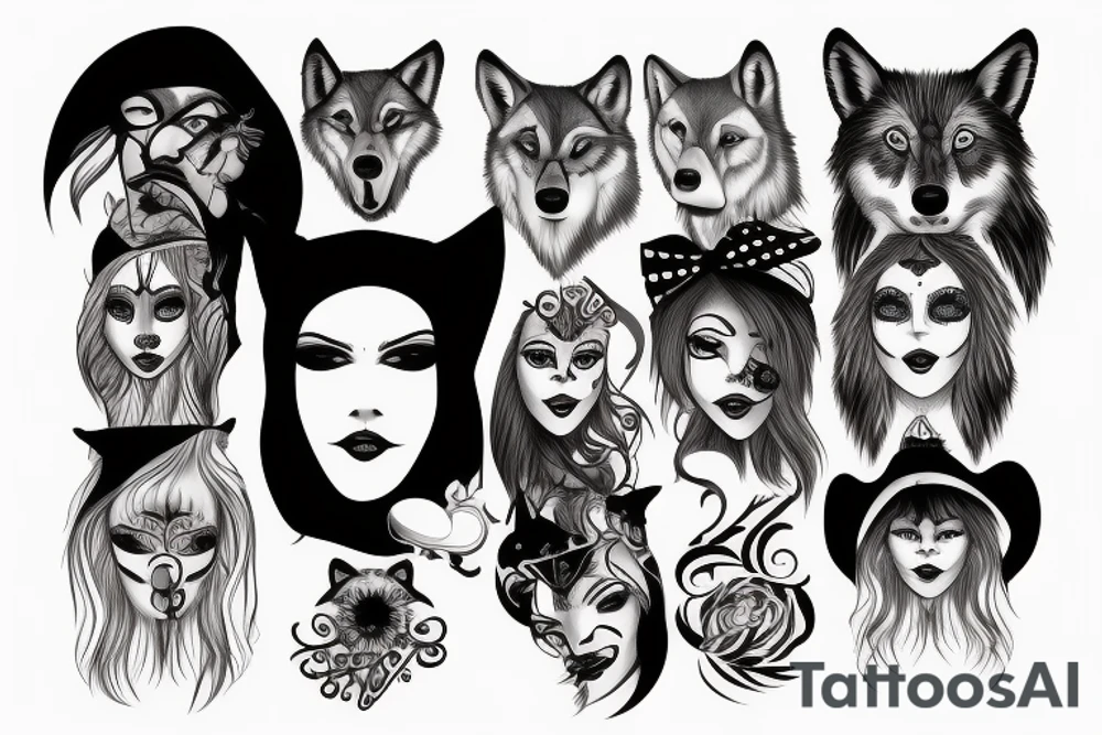 woman with white eyes and a wolf hat tattoo idea