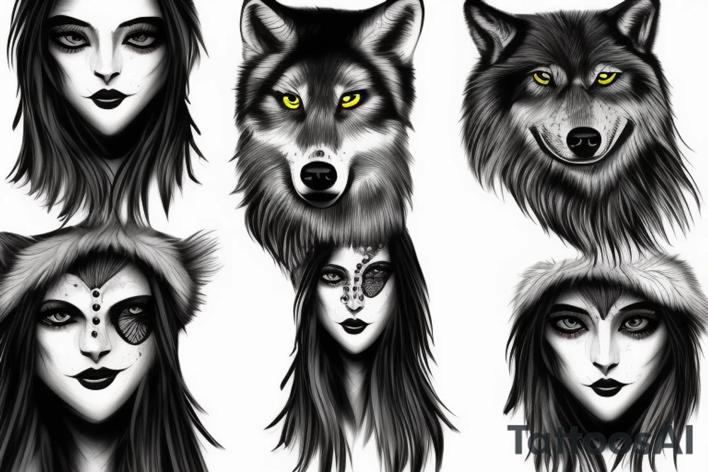 woman with white eyes and a wolf hat tattoo idea