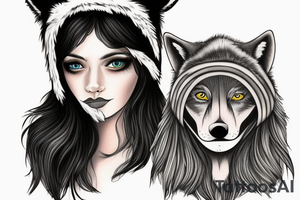woman with white eyes and a wolf hat tattoo idea