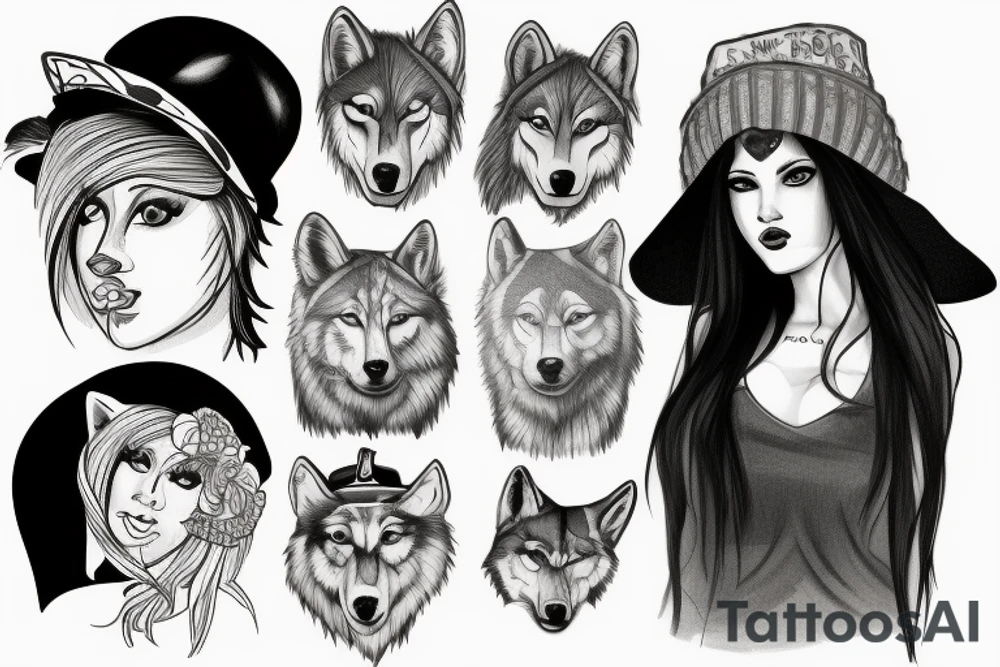 woman with white eyes and a wolf hat tattoo idea