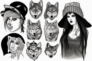 woman with white eyes and a wolf hat tattoo idea