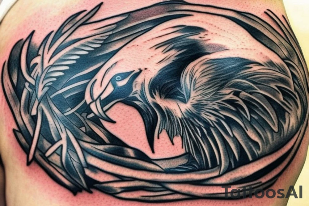 This tattoo could take the form of a large raven in flight with its wings spread wide, with a skull in the center of its body. The wings could be detailed with a combination of feathers and intricate patterns, and the skull could be adorned with a crown of thorns or a banner that reads "memento mori". This tattoo could be used to represent death and the idea that life is fleeting. tattoo idea
