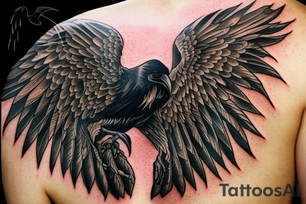 This tattoo could take the form of a large raven in flight with its wings spread wide, with a skull in the center of its body. The wings could be detailed with a combination of feathers and intricate patterns, and the skull could be adorned with a crown of thorns or a banner that reads "memento mori". This tattoo could be used to represent death and the idea that life is fleeting. tattoo idea