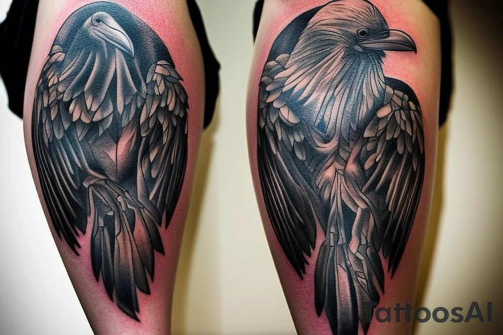 This tattoo could take the form of a large raven in flight with its wings spread wide, with a skull in the center of its body. The wings could be detailed with a combination of feathers and intricate patterns, and the skull could be adorned with a crown of thorns or a banner that reads "memento mori". This tattoo could be used to represent death and the idea that life is fleeting. tattoo idea