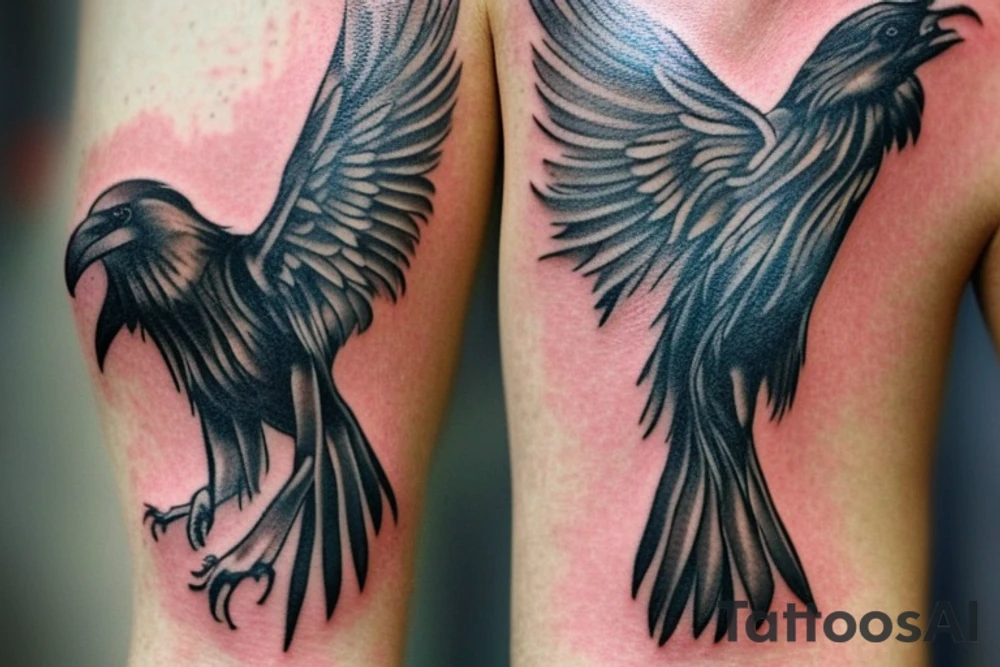 This tattoo could take the form of a large raven in flight with its wings spread wide, with a skull in the center of its body. The wings could be detailed with a combination of feathers and intricate patterns, and the skull could be adorned with a crown of thorns or a banner that reads "memento mori". This tattoo could be used to represent death and the idea that life is fleeting. tattoo idea