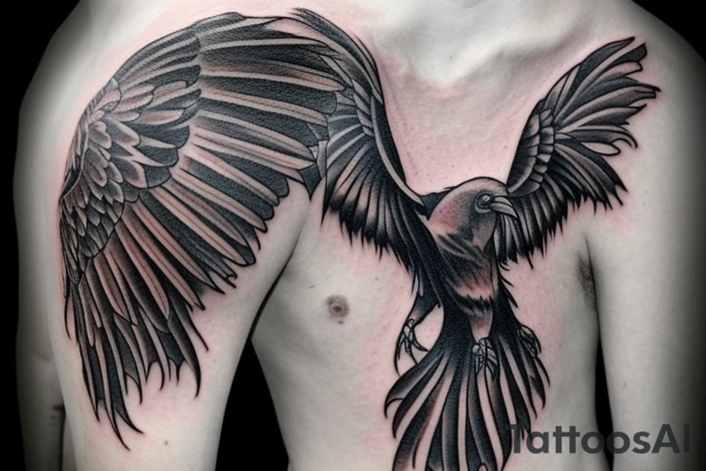 This tattoo could take the form of a large raven in flight with its wings spread wide, with a skull in the center of its body. The wings could be detailed with a combination of feathers and intricate patterns, and the skull could be adorned with a crown of thorns or a banner that reads "memento mori". This tattoo could be used to represent death and the idea that life is fleeting. tattoo idea