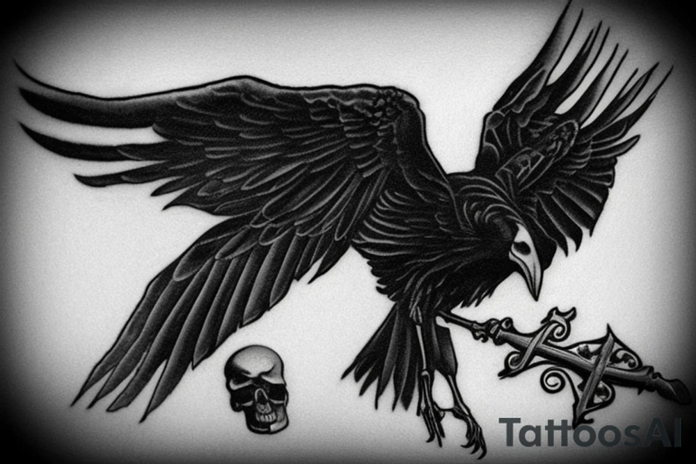The raven could be perched on a skull with wings spread, while the grim reaper could be standing with a scythe in one hand and an hourglass in the other. You could also incorporate elements of death such as a graveyard, tombstones, and skulls into the design. The colors could be dark and muted, such as black, grey, and dark blues. tattoo idea
