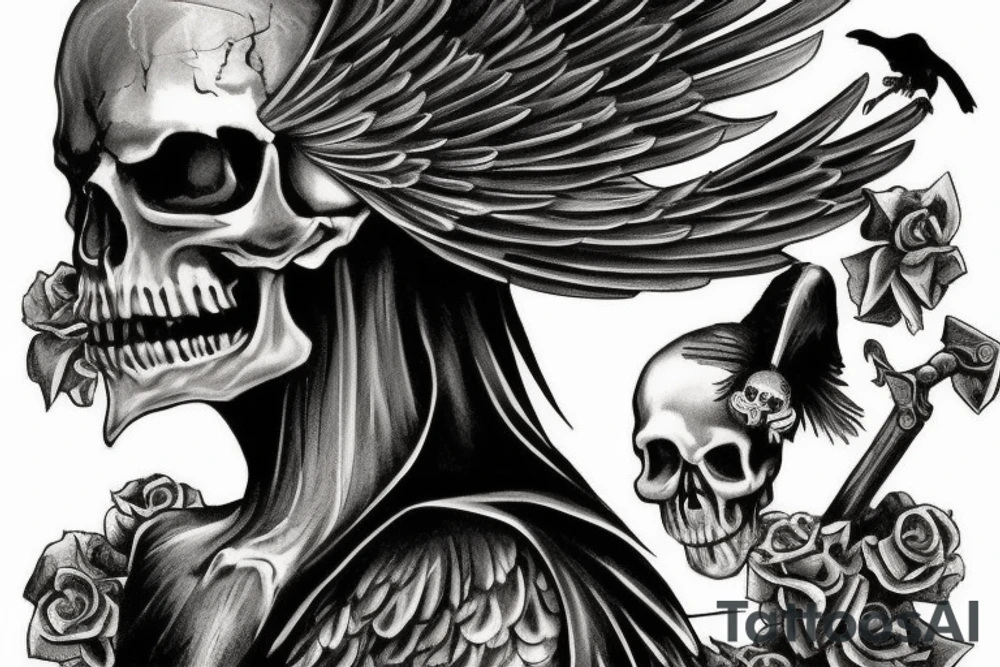 The raven could be perched on a skull with wings spread, while the grim reaper could be standing with a scythe in one hand and an hourglass in the other. You could also incorporate elements of death such as a graveyard, tombstones, and skulls into the design. The colors could be dark and muted, such as black, grey, and dark blues. tattoo idea