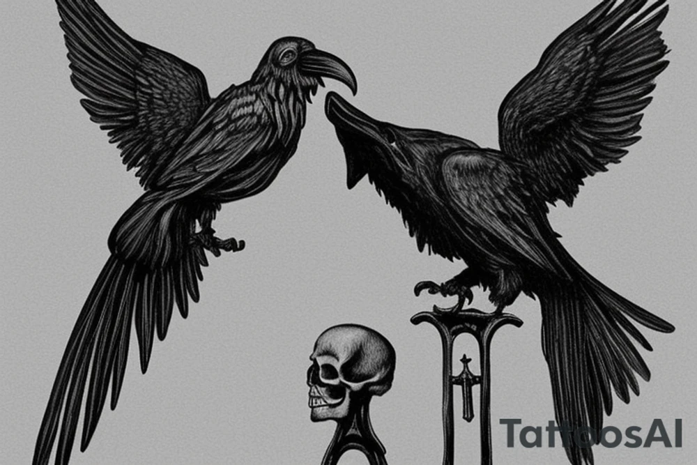 The raven could be perched on a skull with wings spread, while the grim reaper could be standing with a scythe in one hand and an hourglass in the other. You could also incorporate elements of death such as a graveyard, tombstones, and skulls into the design. The colors could be dark and muted, such as black, grey, and dark blues. Arm or forearm tattoo idea