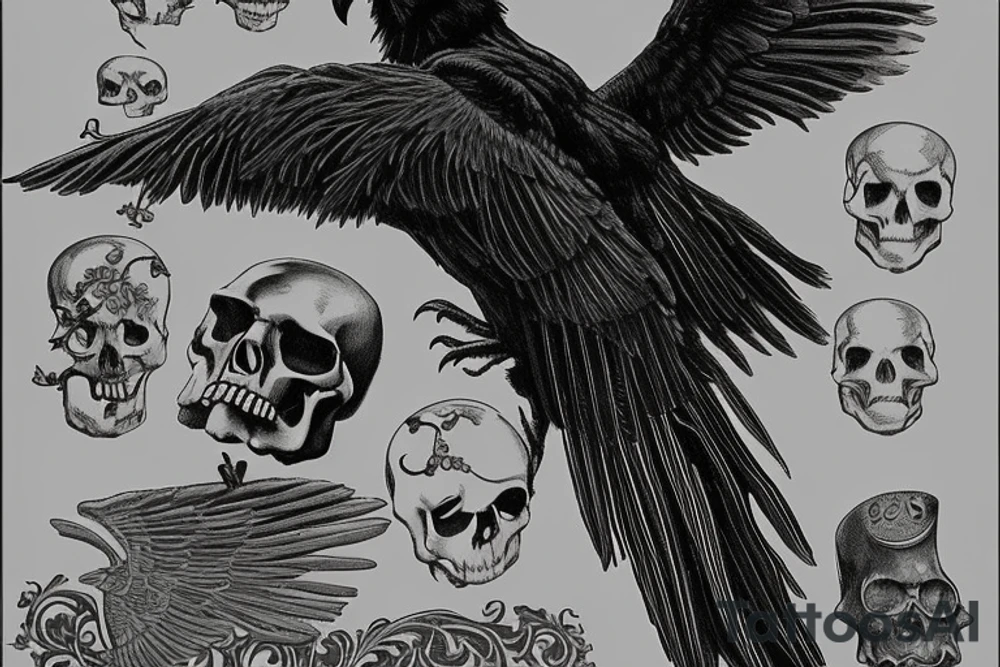 The raven could be perched on a skull with wings spread, while the grim reaper could be standing with a scythe in one hand and an hourglass in the other. You could also incorporate elements of death such as a graveyard, tombstones, and skulls into the design. The colors could be dark and muted, such as black, grey, and dark blues. Arm or forearm tattoo idea