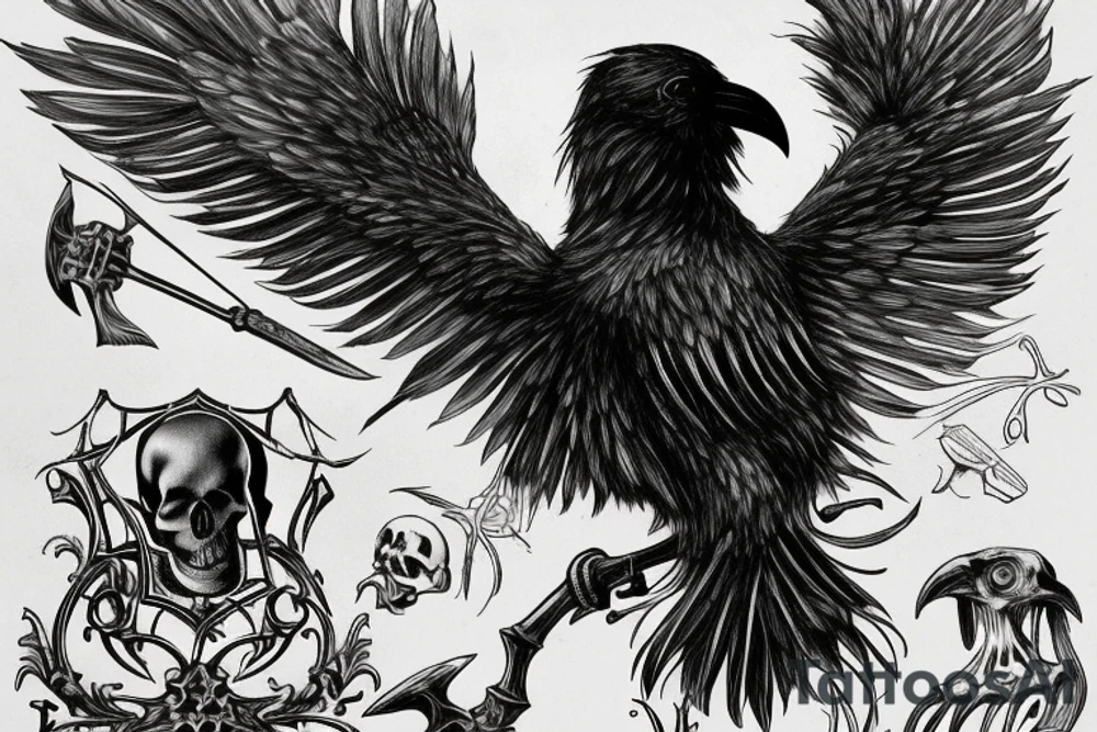 The raven could be perched on a skull with wings spread, while the grim reaper could be standing with a scythe in one hand and an hourglass in the other. You could also incorporate elements of death such as a graveyard, tombstones, and skulls into the design. The colors could be dark and muted, such as black, grey, and dark blues. Arm or forearm tattoo idea