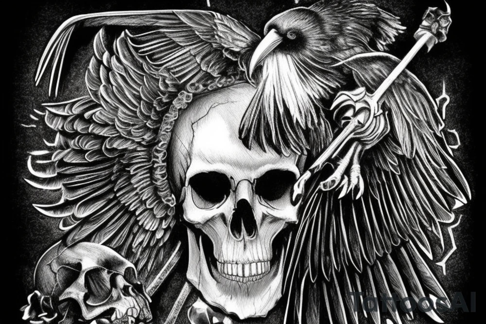 The raven could be perched on a skull with wings spread, while the grim reaper could be standing with a scythe in one hand and an hourglass in the other. You could also incorporate elements of death such as a graveyard, tombstones, and skulls into the design. The colors could be dark and muted, such as black, grey, and dark blues. Arm or forearm tattoo idea