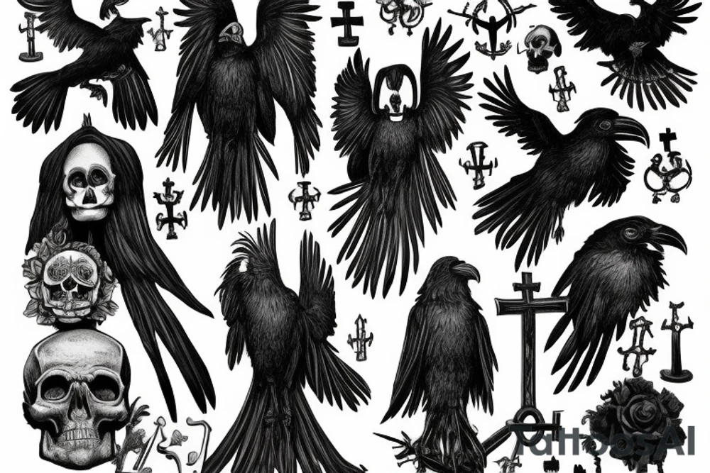 The raven could be perched on a skull with wings spread, while the grim reaper could be standing with a scythe in one hand and an hourglass in the other. You could also incorporate elements of death such as a graveyard, tombstones, and skulls into the design. The colors could be dark and muted, such as black, grey, and dark blues. Bicep and shoulder tattoo idea
