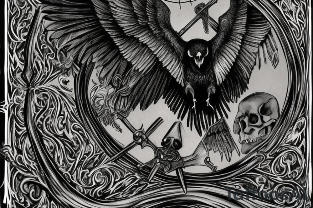 The raven could be perched on a skull with wings spread, while the grim reaper could be standing with a scythe in one hand and an hourglass in the other. You could also incorporate elements of death such as a graveyard, tombstones, and skulls into the design. The colors could be dark and muted, such as black, grey, and dark blues. Bicep and shoulder tattoo idea
