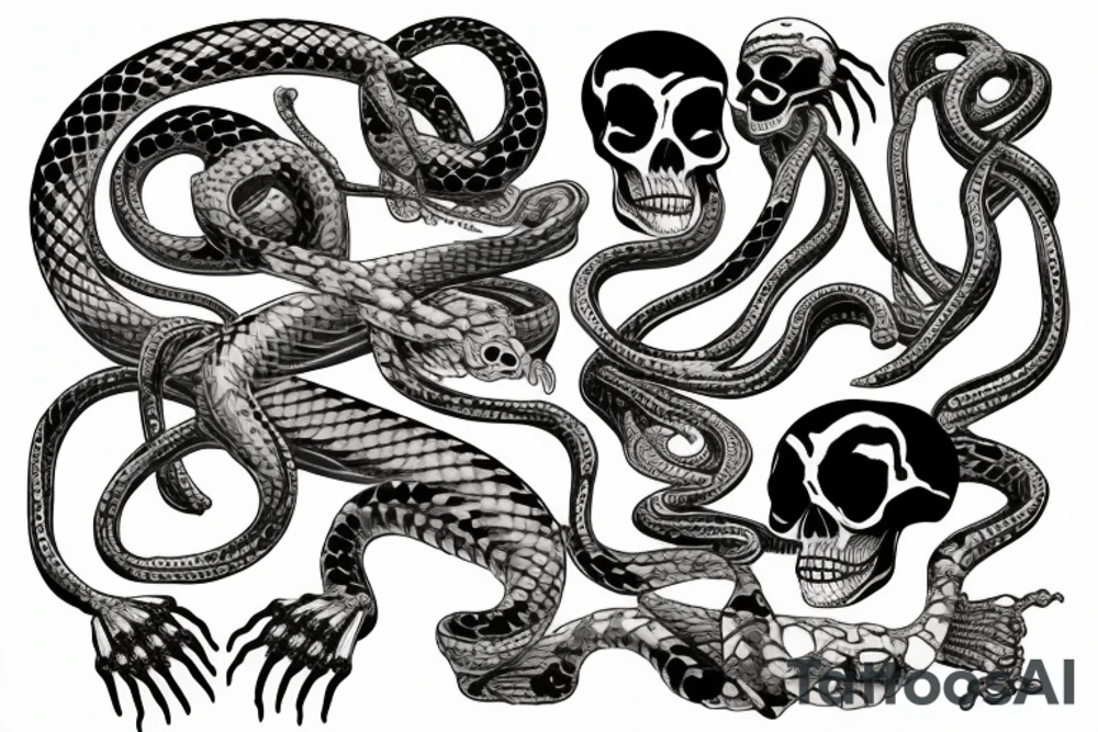 skeleton bone hand with a snake wrapped around it tattoo idea