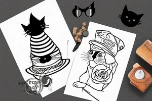 black cat with a funny hat and sweater tattoo idea