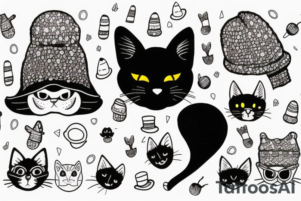 black cat with a funny hat and sweater tattoo idea