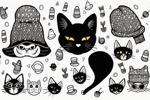 black cat with a funny hat and sweater tattoo idea