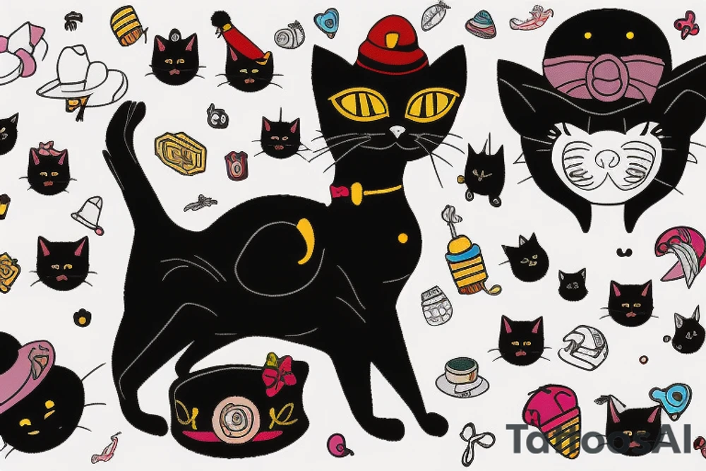 black cat with a funny hat and sweater tattoo idea