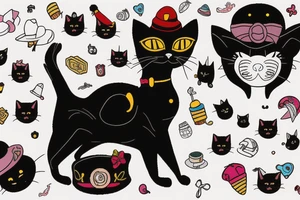 black cat with a funny hat and sweater tattoo idea