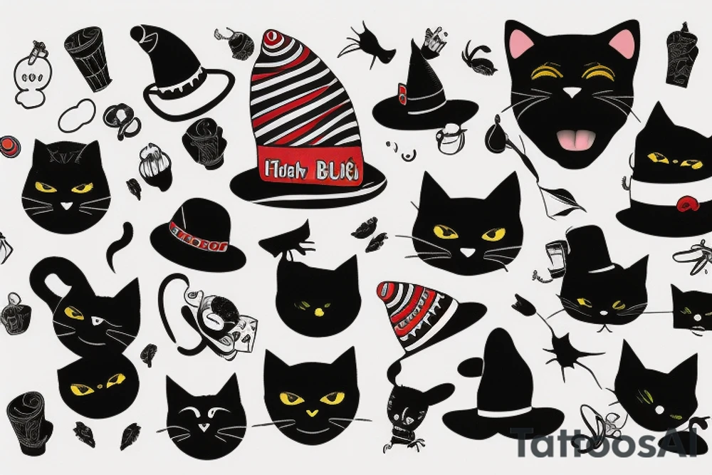 black cat with a funny hat and sweater tattoo idea