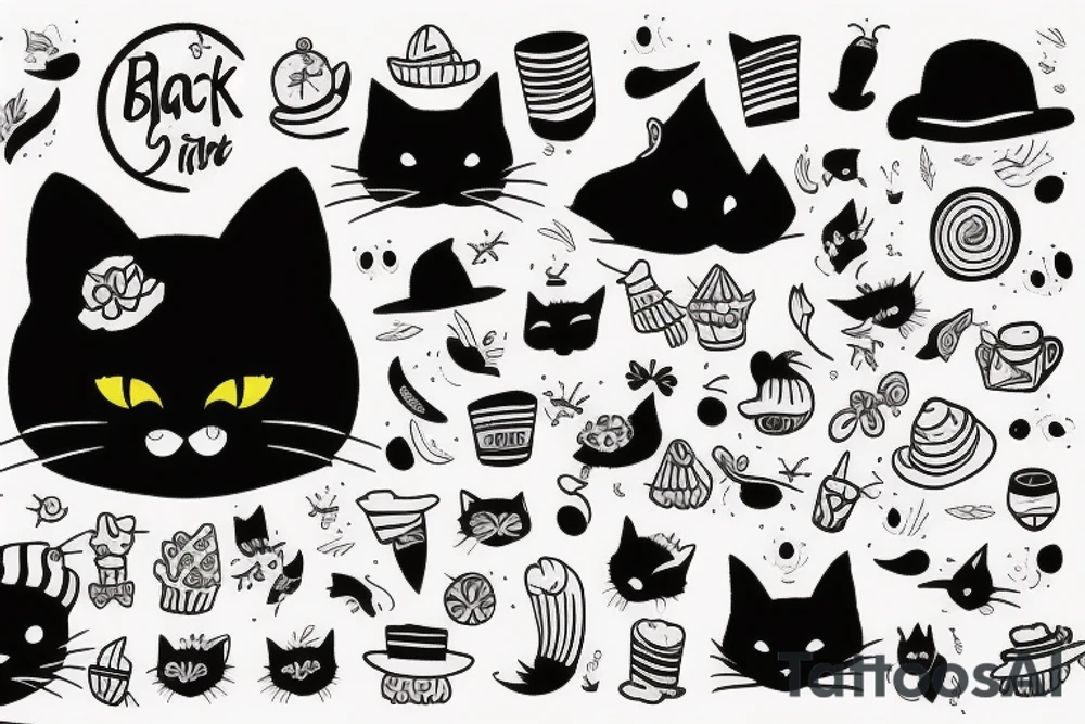 black cat with a funny hat and sweater tattoo idea