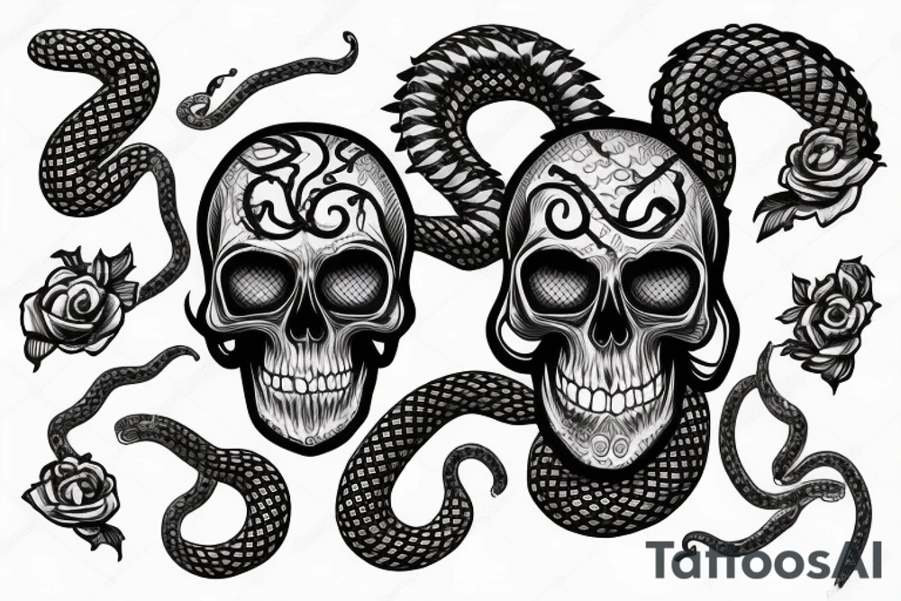 skull head with snakes as hair tattoo idea