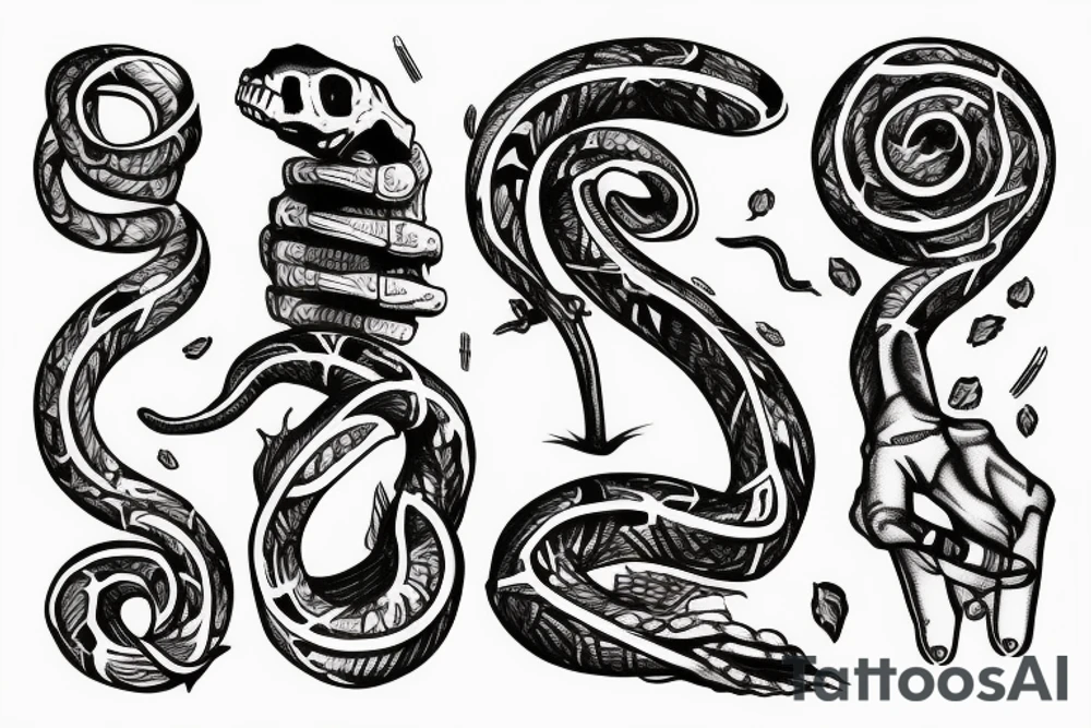 snake wrapped around a skeleton hand tattoo idea