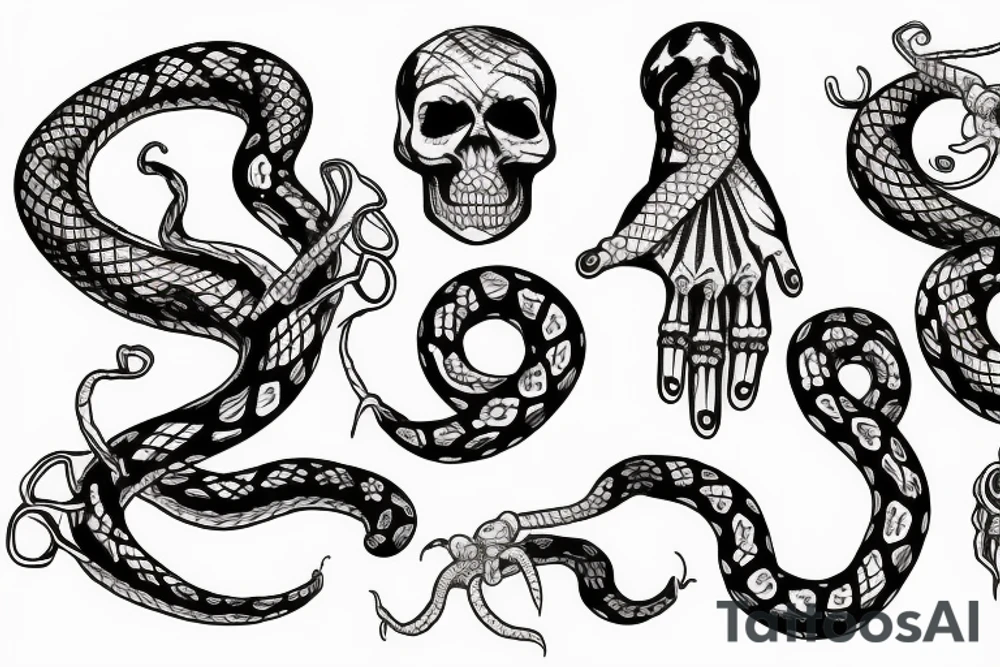 snake wrapped around a skeleton hand tattoo idea