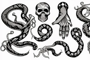 snake wrapped around a skeleton hand tattoo idea