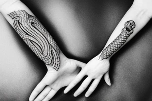 snake wrapped around a skeleton hand tattoo idea