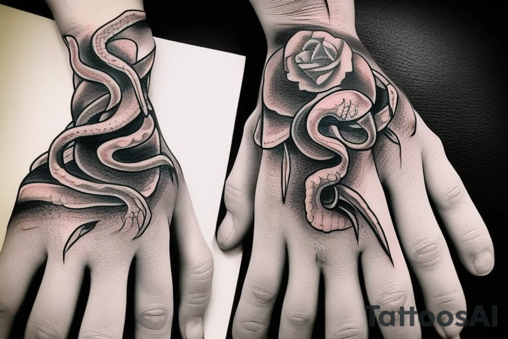 snake wrapped around a skeleton hand tattoo idea