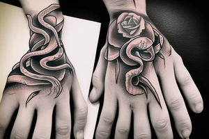 snake wrapped around a skeleton hand tattoo idea