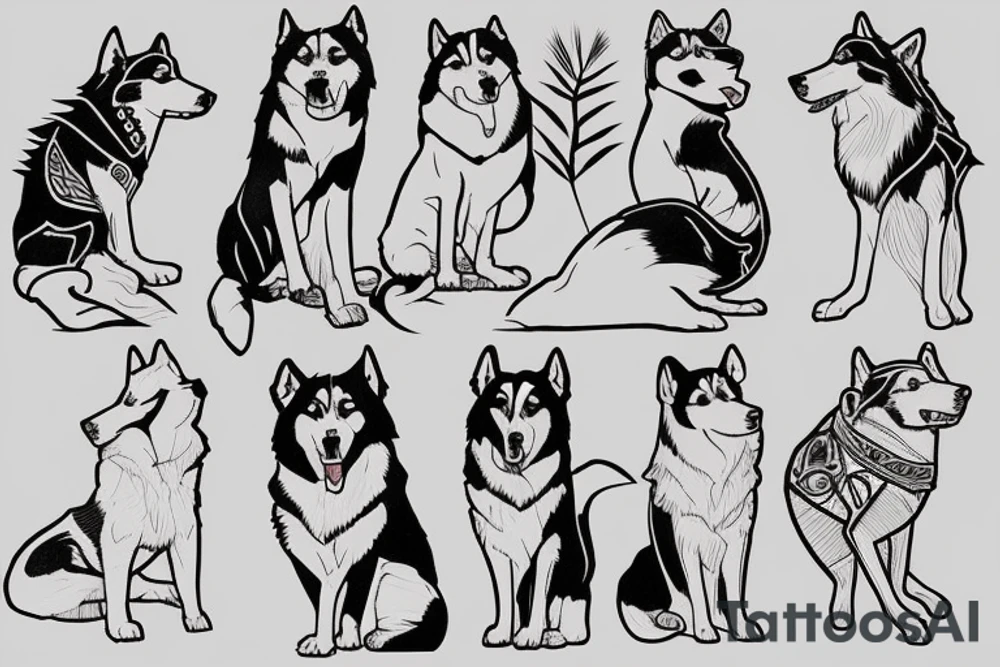 a husky and border collie drawn as in japanese style tattoo idea
