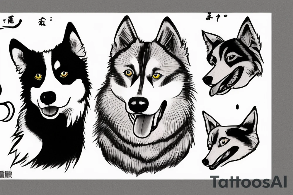 a husky and border collie drawn as in japanese style tattoo idea